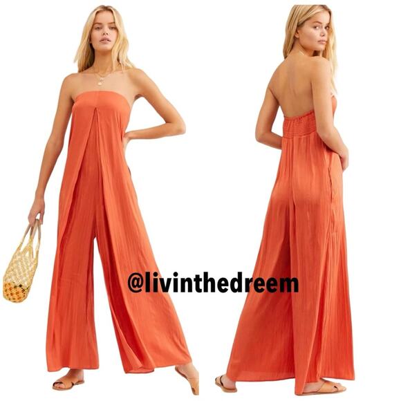 FREE PEOPLE BEACH KIMMIE SHINE STRAPLESS WIDE LEG ONE PIECE JUMPSUIT SZ M $130 - Picture 2 of 15